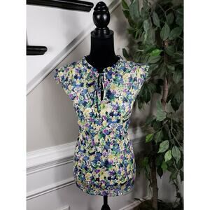 Tamara H Blouse Women Size Large Multicolor Floral Ruffle Cap Sleeve Boho Top